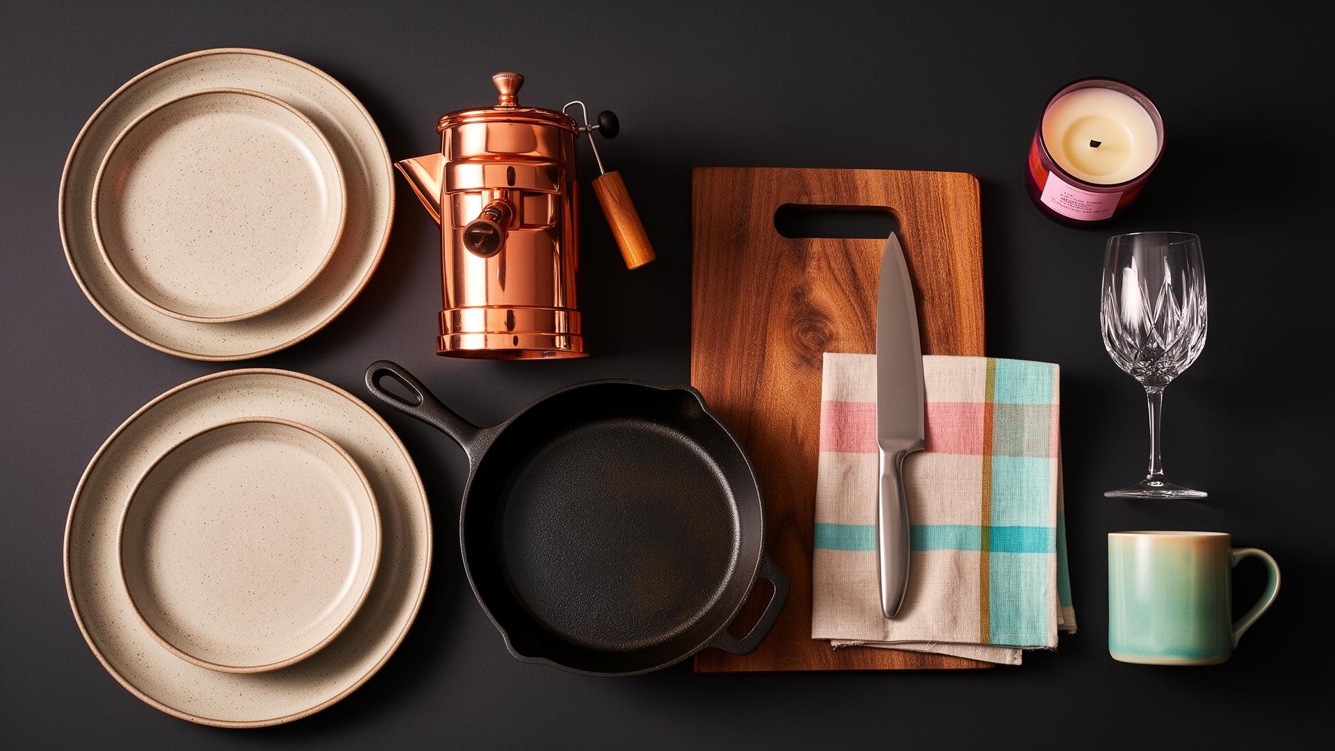 Curated homeware: stoneware plates, copper espresso machine, cast iron skillet and linens